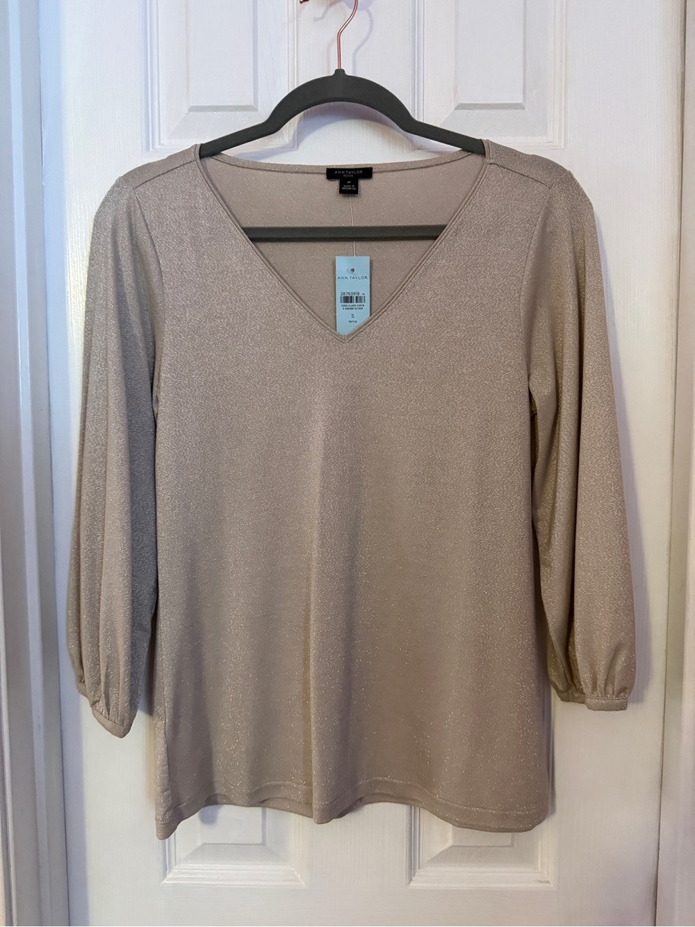 Ann Taylor Shimmery V-Neck Long Sleeve Top — Light Gold